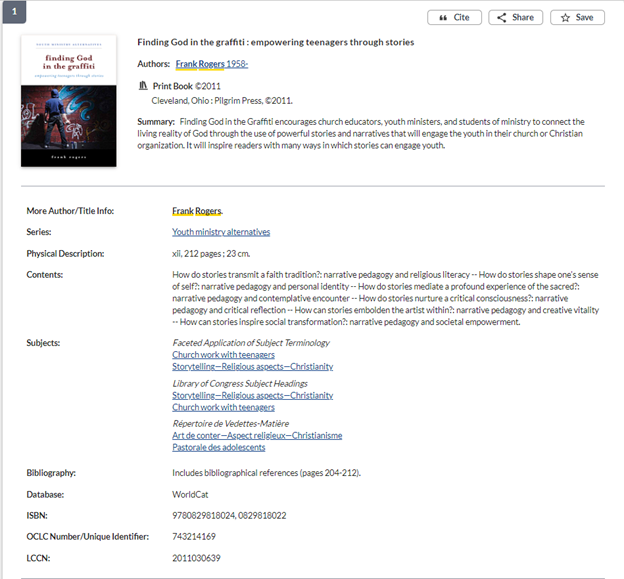 A screenshot of a DTL record for Frank Rogers's book Finding God in the Graffiti. There are many different fields showing different types of information about the book.